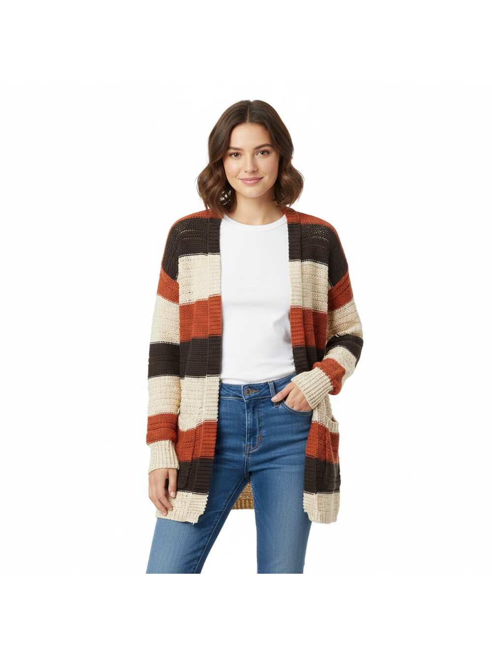 Kate & Sam Knit Cardigan Womens Small Orange Brown Striped Fall Cozy Layers